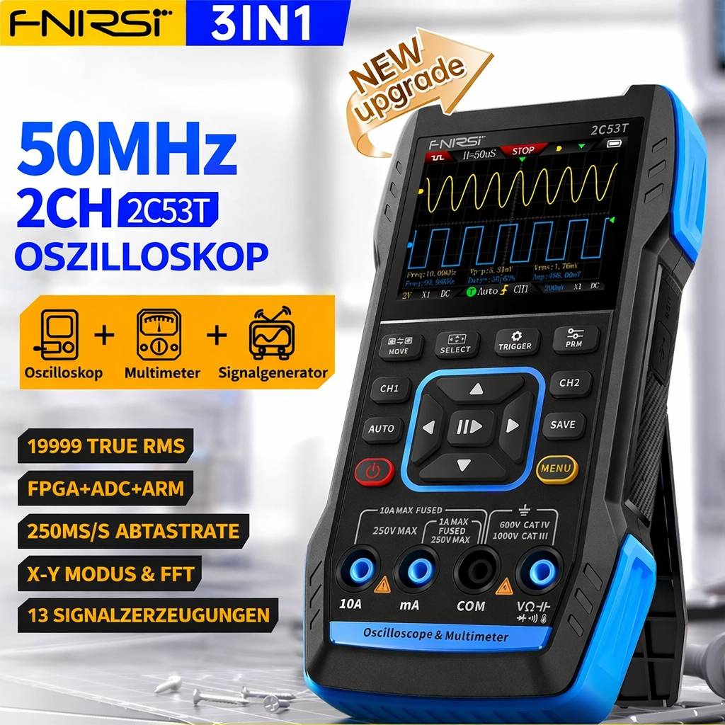 Oszilloskop', Multimeter und Funktionsgenerator-Gerät mit Wellenform auf dem Bildschirm; beschriftet mit 50MHz, 2CH; aufgelistete Funktionen auf der linken Seite.