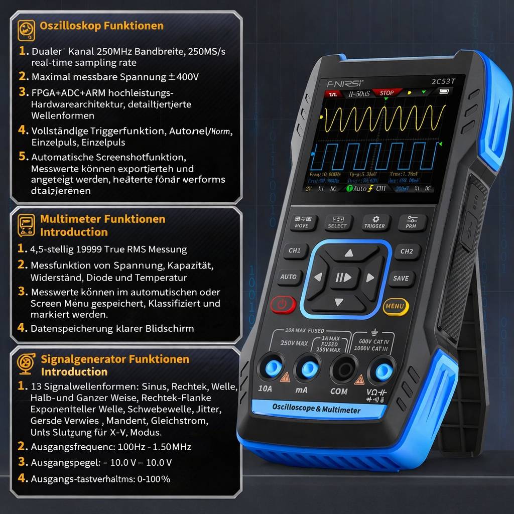 Ein tragbares Oszilloskop und Multimeter mit detailliertem Display und Funktionstasten. Funktionen und Spezifikationen sind daneben aufgelistet.