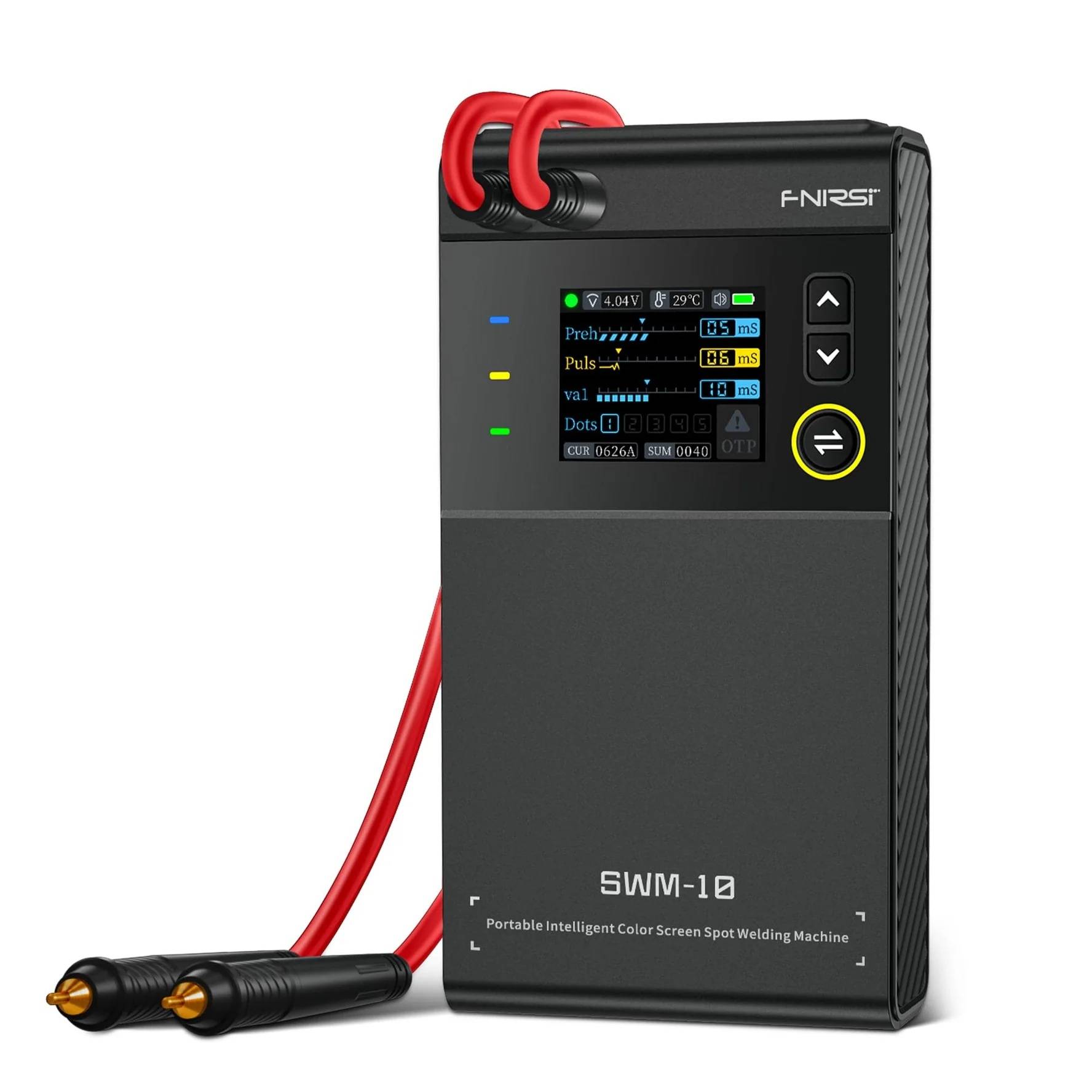Tragbare intelligente Punktschweißmaschine, Modell SWM-10, mit Farbbildschirm mit verschiedenen Einstellungen und angeschlossenen roten Kabeln.