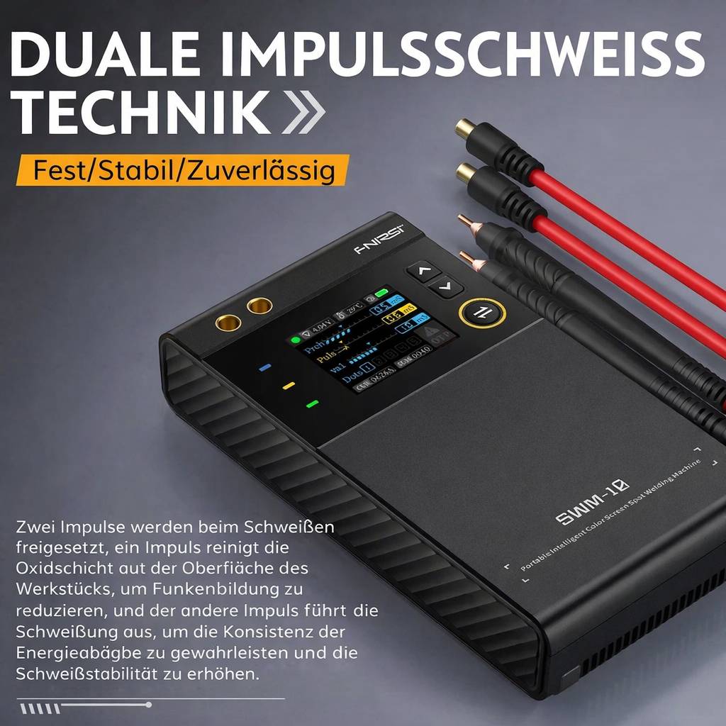 Tragbare Schweißmaschine mit Bedienfeld und angeschlossenen Kabeln. Zeigt Leistungseinstellungen an. Deutscher Text beschreibt Schweißeffizienz und Energiekonsistenz.