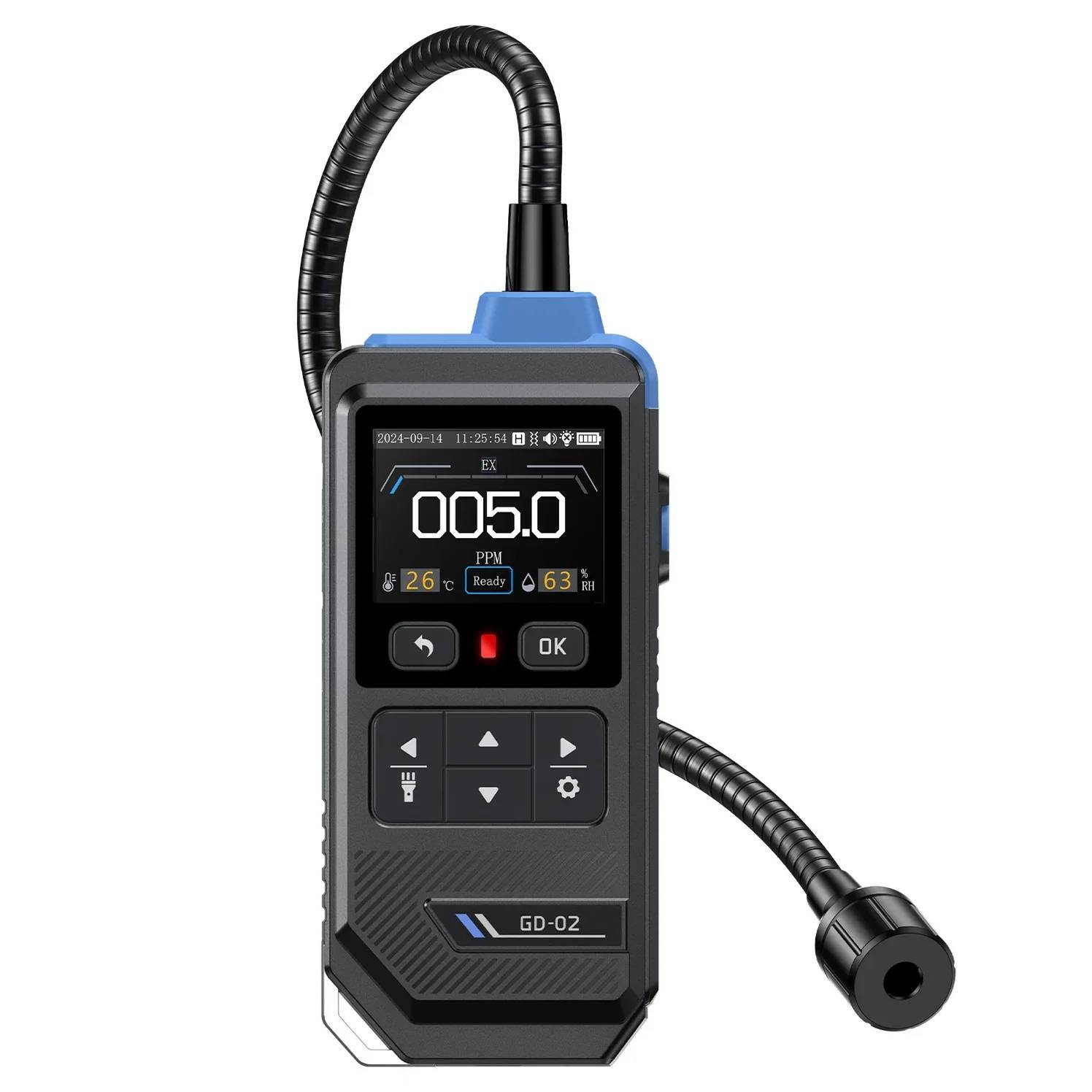 Ein tragbarer Gasdetektor, der „005,0 PPM