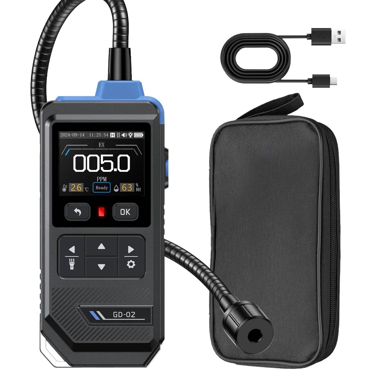 Tragbarer Gasdetektor mit Anzeige „Ex 005,0 PPM