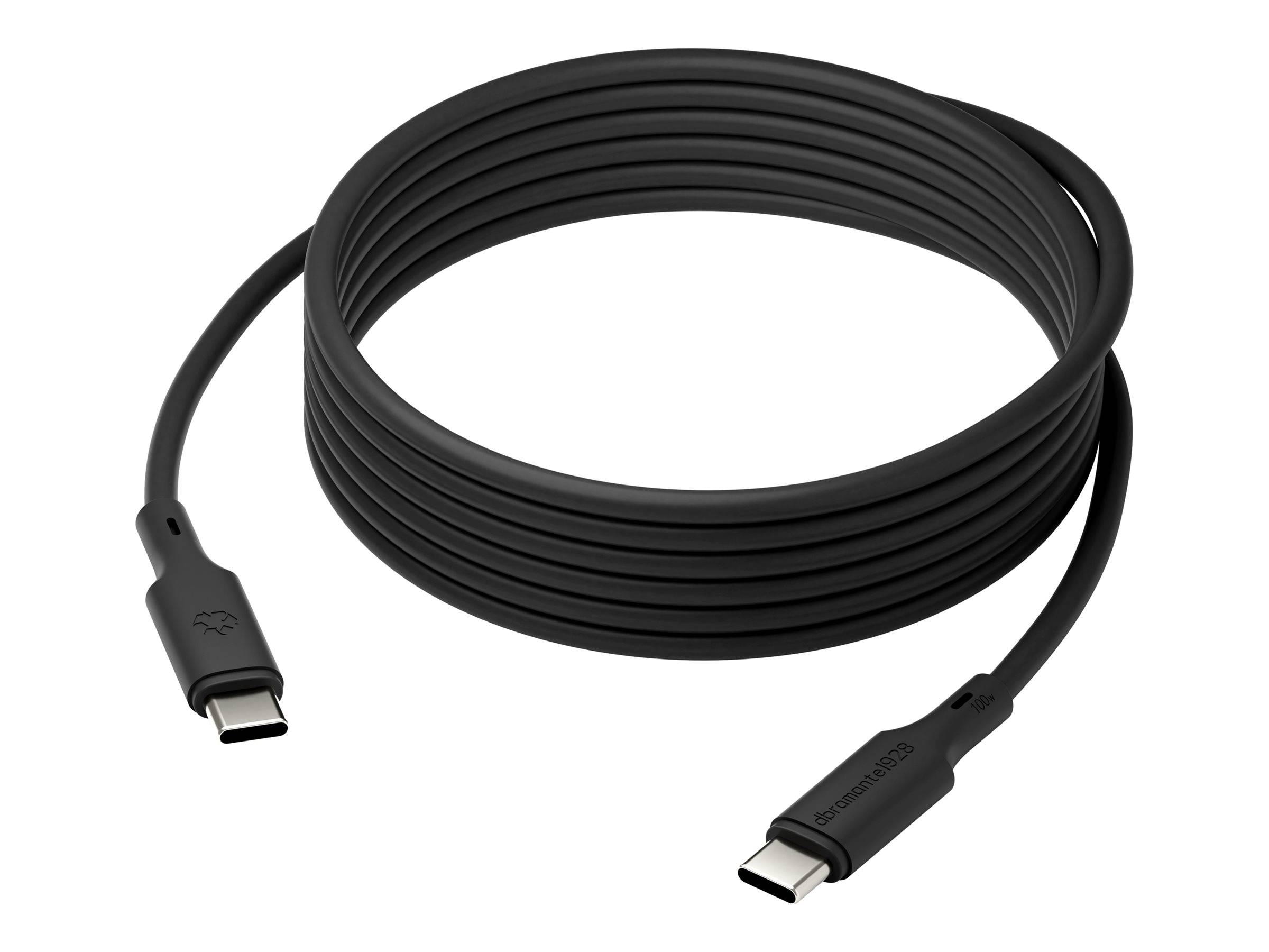 Ein aufgewickeltes schwarzes USB-C-auf-USB-C-Kabel, das zum Verbinden von Geräten wie Smartphones oder Laptops zum Aufladen oder zur Datenübertragung verwendet wird.