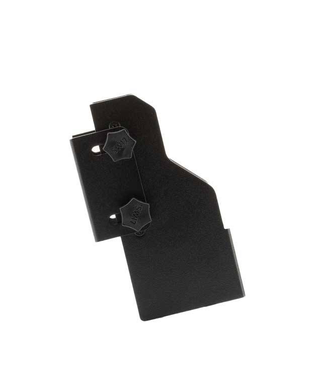 Ein metallisches L-förmiges Winkelblech mit zwei verstellbaren Knöpfen, konzipiert für Montage- oder Stützungszwecke.