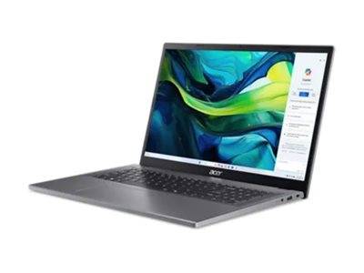 Ein eleganter, silberner Laptop mit geöffnetem Bildschirm, der einen farbenfrohen abstrakten Hintergrund anzeigt, und einer Seitenleiste mit App-Symbolen auf der rechten Seite.