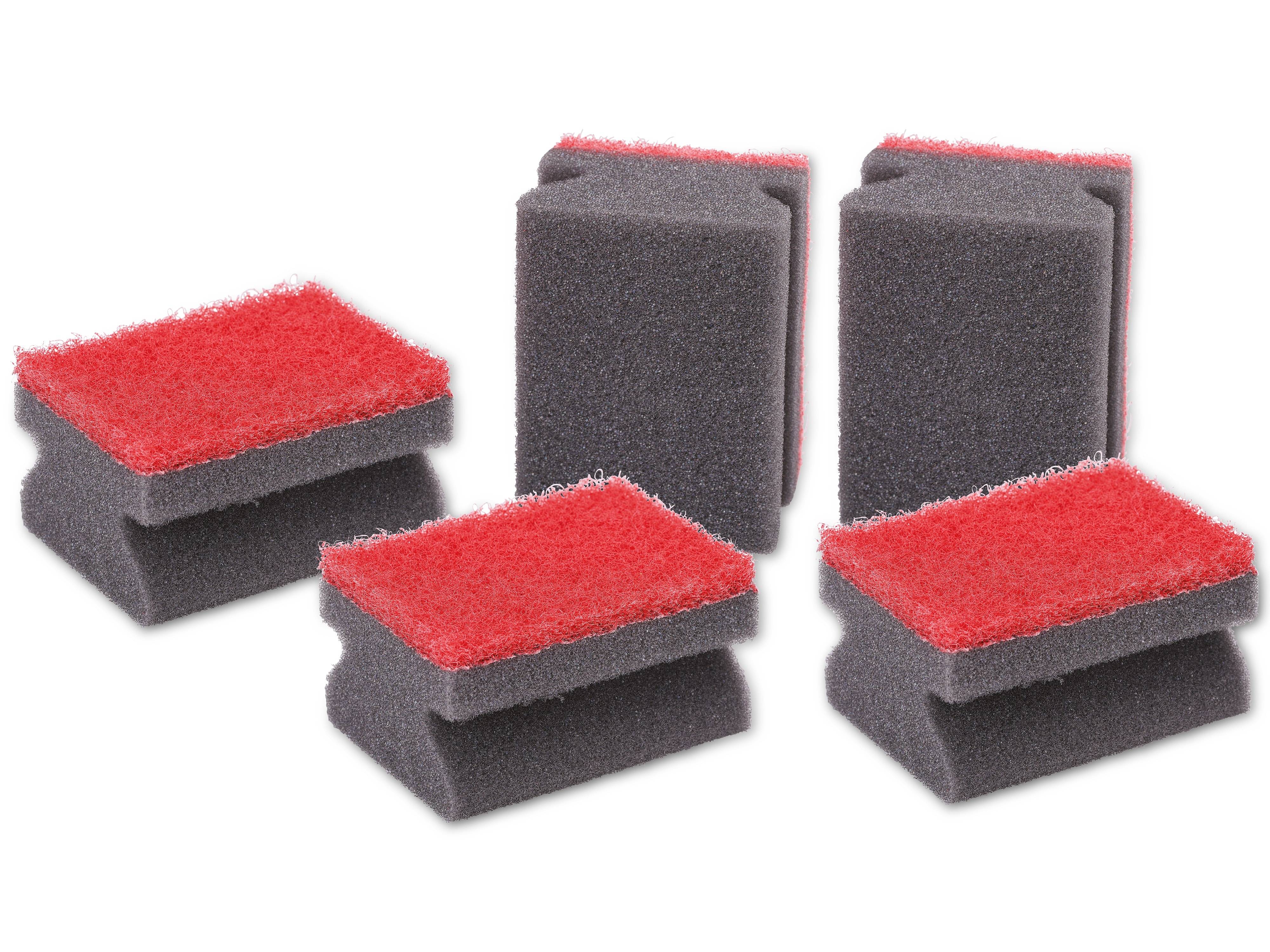 Rote und graue Schleifpad-Topfreiniger aufrecht und flach positioniert.