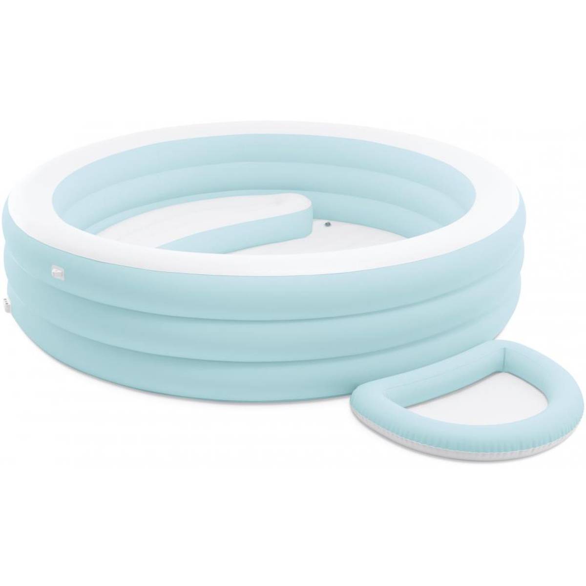 Aufblasbarer hellblauer und weißer kreisförmiger Pool mit drei Ringen und einer separaten passenden Abdeckung oder Kissen.