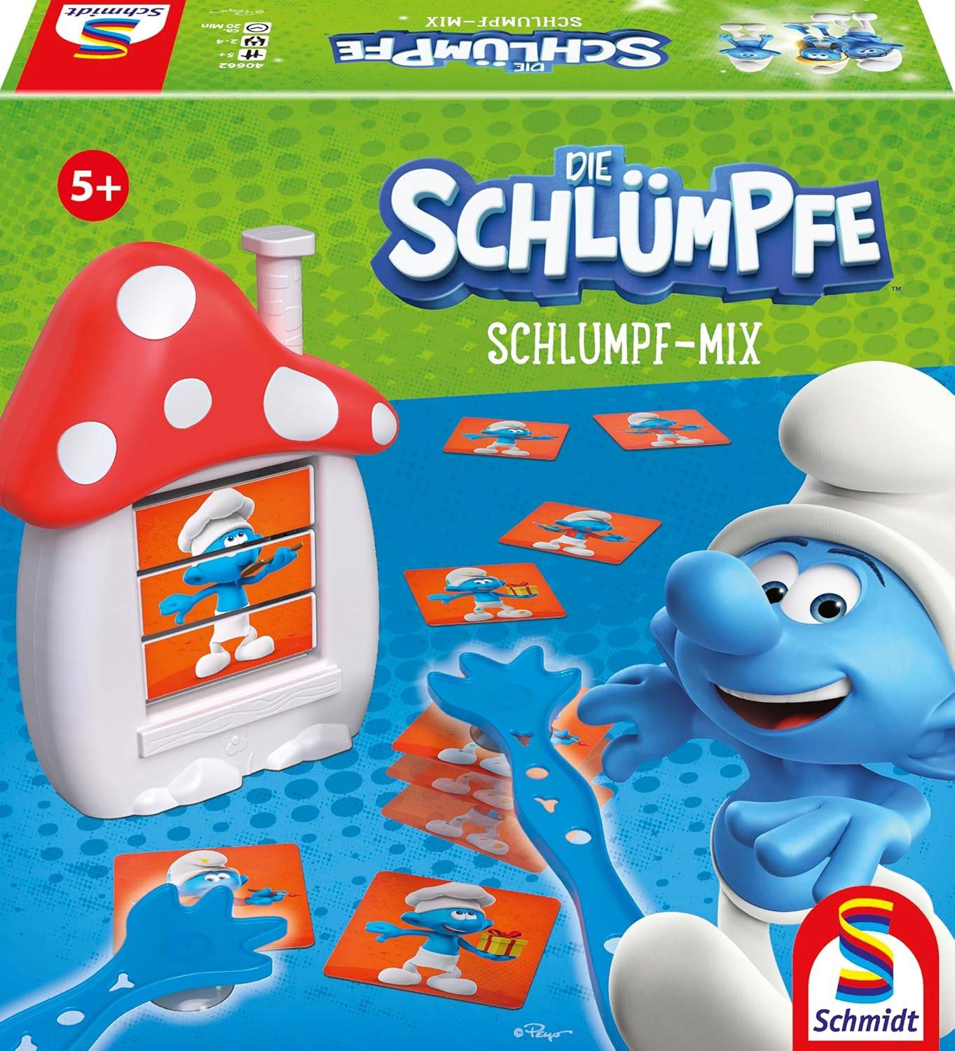 Schachtelnabdeckung für ein Kinderspiel, das einen lächelnden blauen Charakter, ein Kartenspielset und einen pilzförmigen Spender zeigt; mit der Bezeichnung „Schlumpf-Mix
