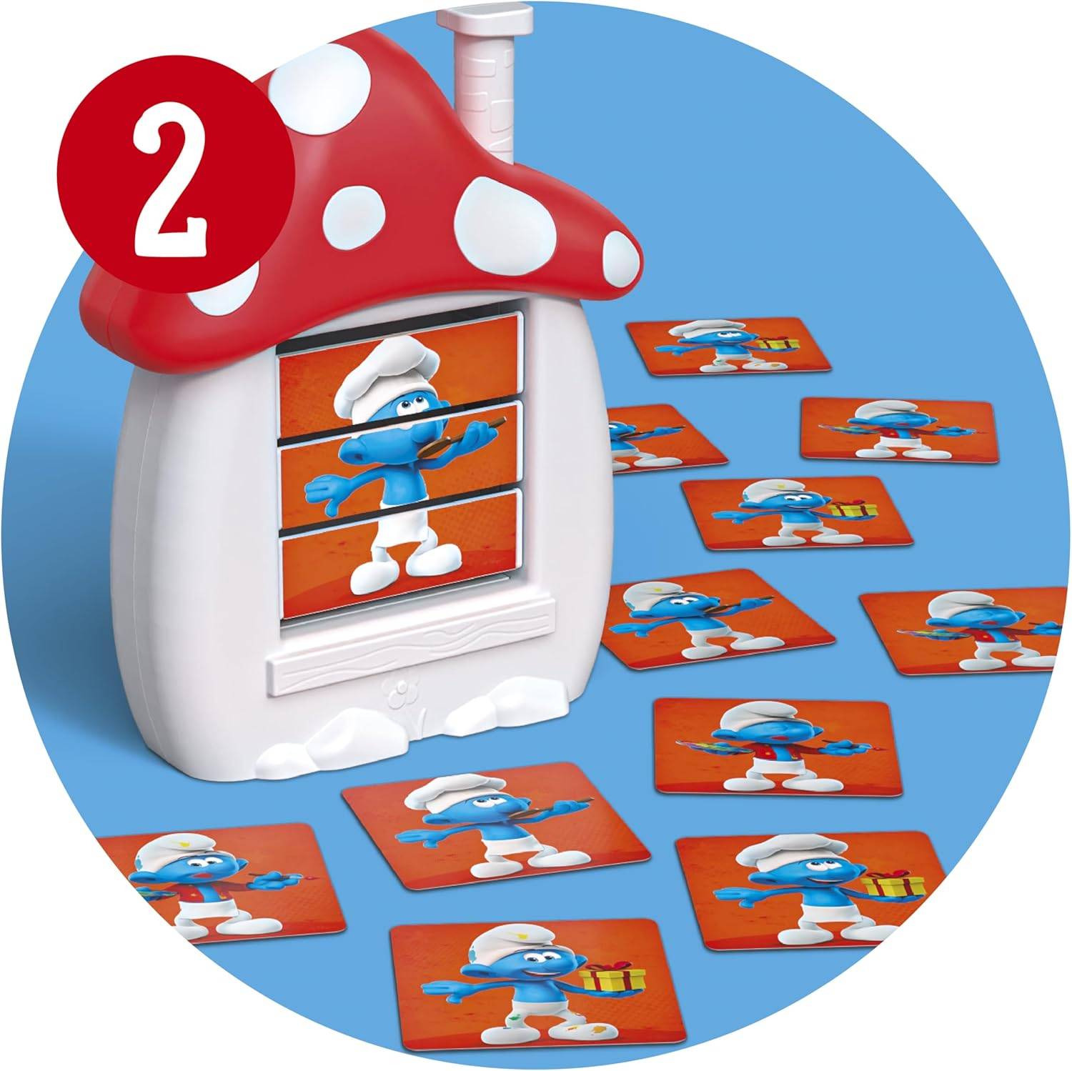 Gedächtnisspiel mit Kacheln, auf denen Cartoon-Charaktere in blauen Hüten auf orangefarbenem Hintergrund zu sehen sind, die um eine pilzförmige Schachtel angeordnet sind.