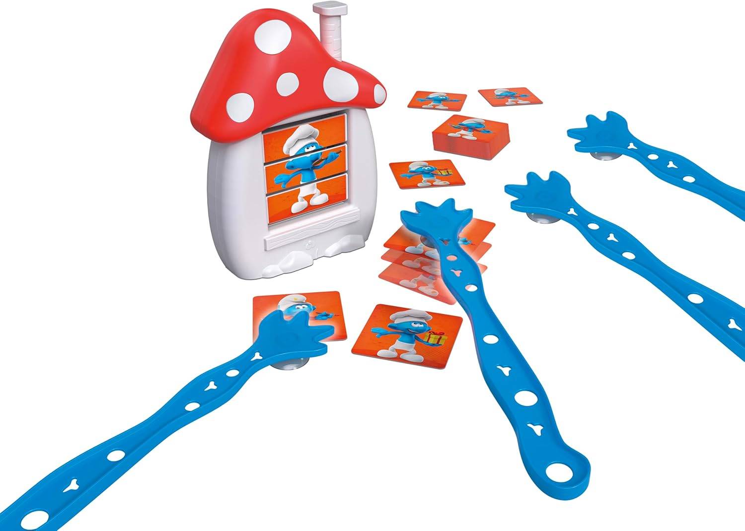 Ein blaugrünes und weißes kreisförmiges Objekt mit Löchern, möglicherweise ein Teil eines Haushalts- oder Babygeräts, vor weißem Hintergrund.