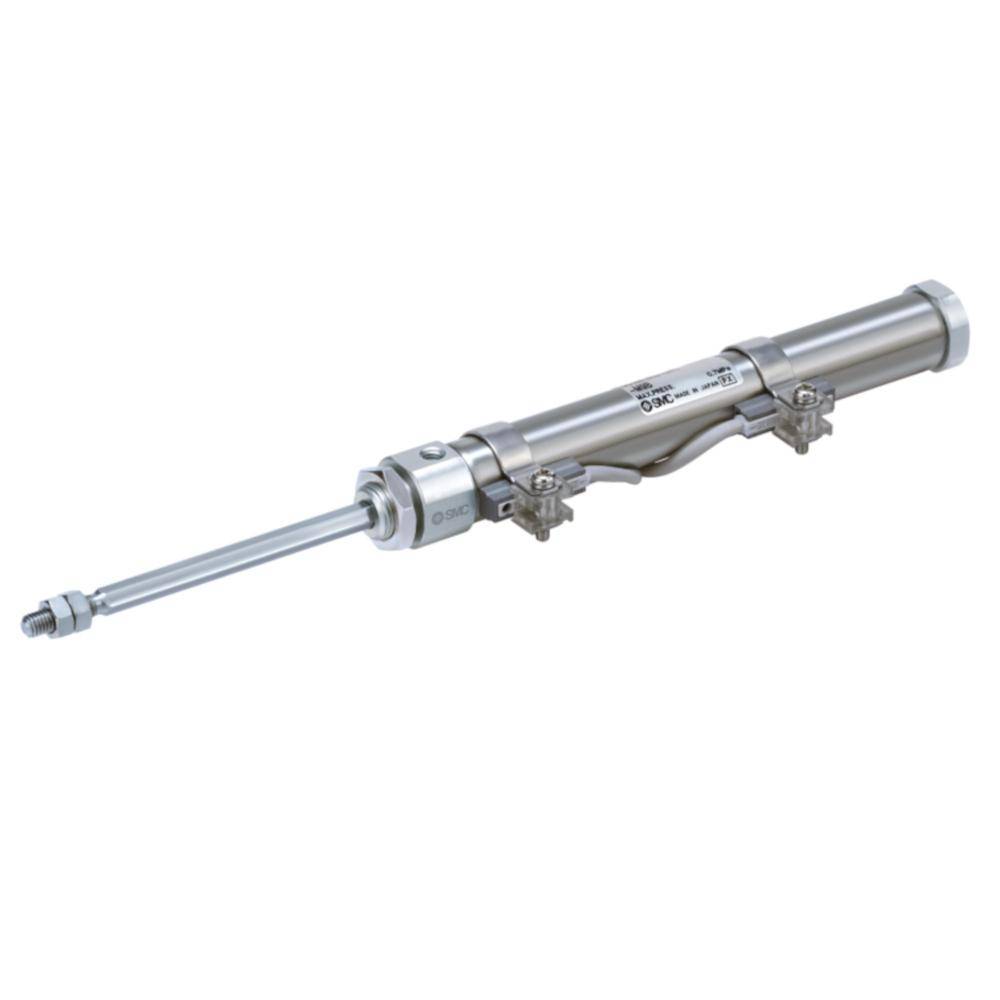 Pneumatischer Zylinder mit silbernem Metallgehäuse und ausgefahrener Stange, verwendet in der Automatisierungstechnik für mechanische Bewegungen.