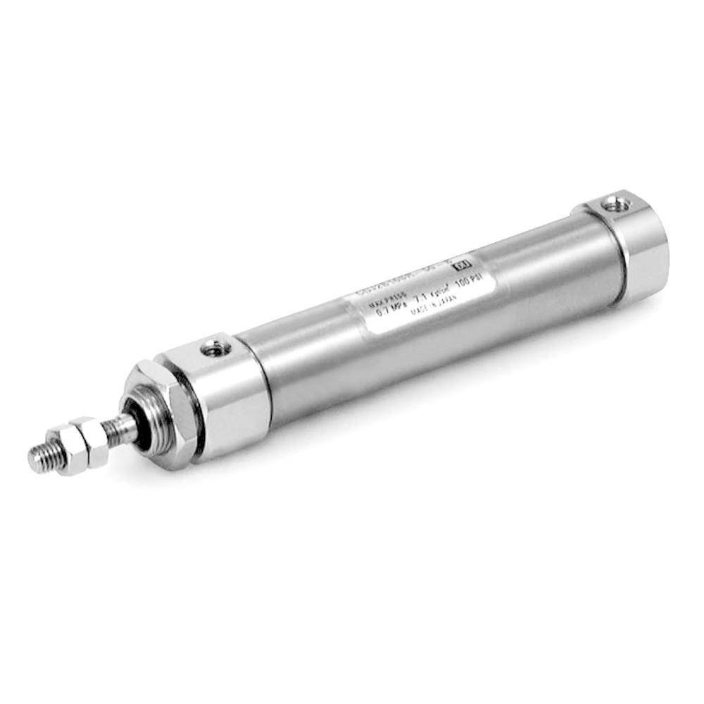 Ein Metallluftdruck-Zylinder mit Gewinde an den Enden und einem Etikett mit Spezifikationen, das in mechanischen oder industriellen Anwendungen verwendet wird.