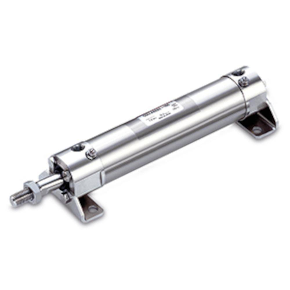 Ein Metall-Pneumatikzylinder mit Befestigungswinkeln, der zur Erzeugung von Linearbewegungen in Maschinen verwendet wird.