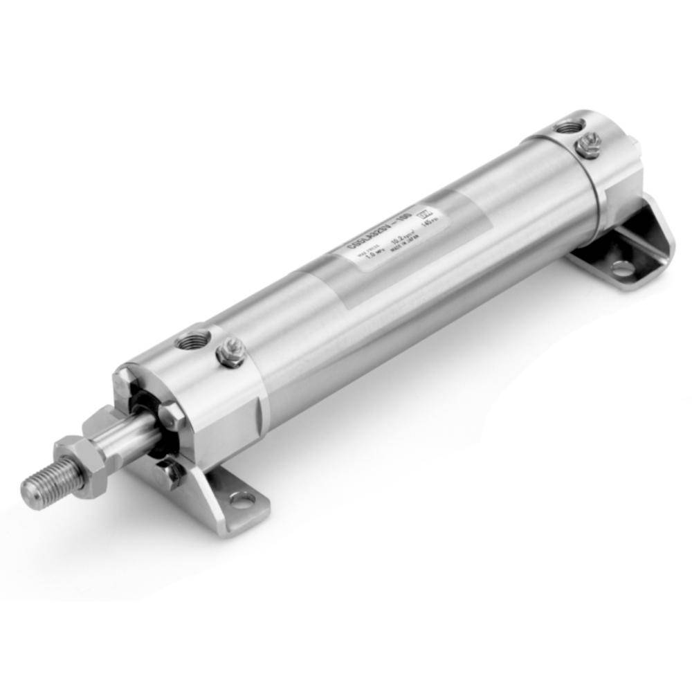 Ein metallischer Pneumatikzylinder mit Befestigungswinkeln, Bolzen und einer Stange. Das Seitenetikett zeigt die Modellspezifikationen.