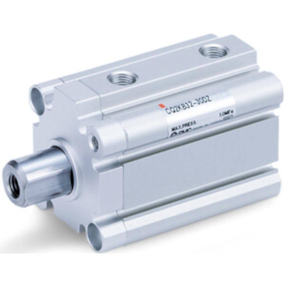 Ein kompakter pneumatischer Zylinder mit silberner metallischer Oberfläche, mit mehreren Bolzenlöchern und einer sichtbaren Kolbenstange, die nach außen ragt.