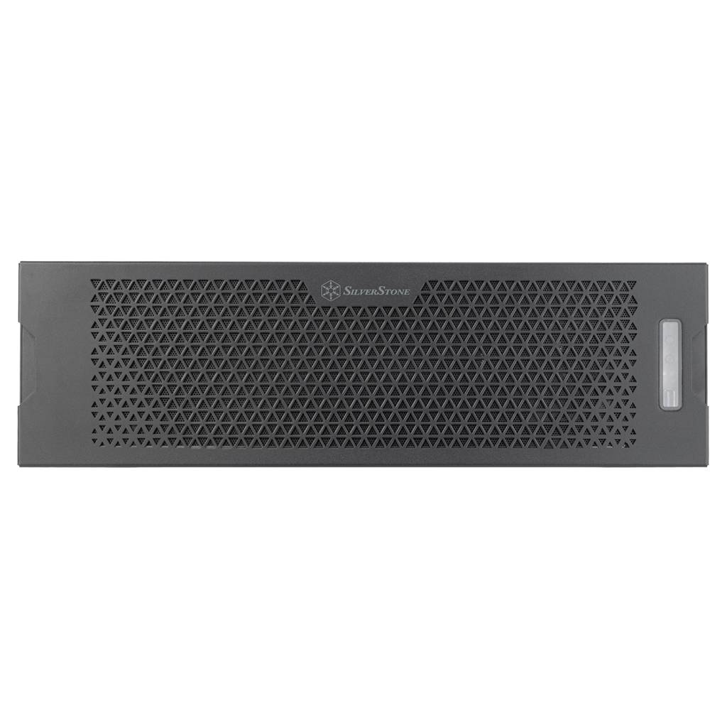 Vorderansicht eines schwarzen Computer-Server-Gehäuses mit einem Meshpanel mit dreieckigem Muster. SilverStone-Logo oben in der Mitte.