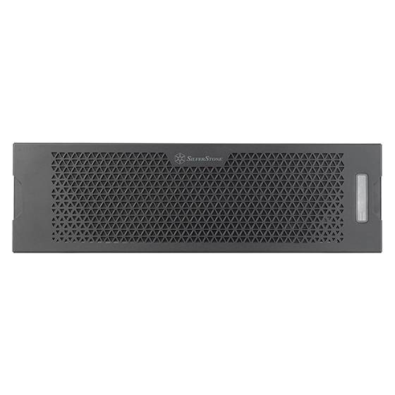 Schwarzes Computer-Server-Gehäuse mit einem dreieckigen Muster-Gitter auf der Vorderseite und einem kleinen Logo in der Mitte oben.