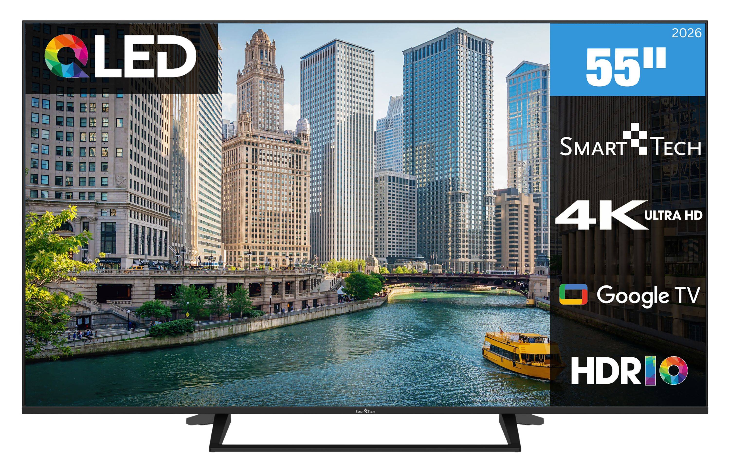 Ein großer Fernsehbildschirm zeigt eine urbane Stadtlandschaft mit Wolkenkratzern und einem Fluss darunter. Die Wörter „LED