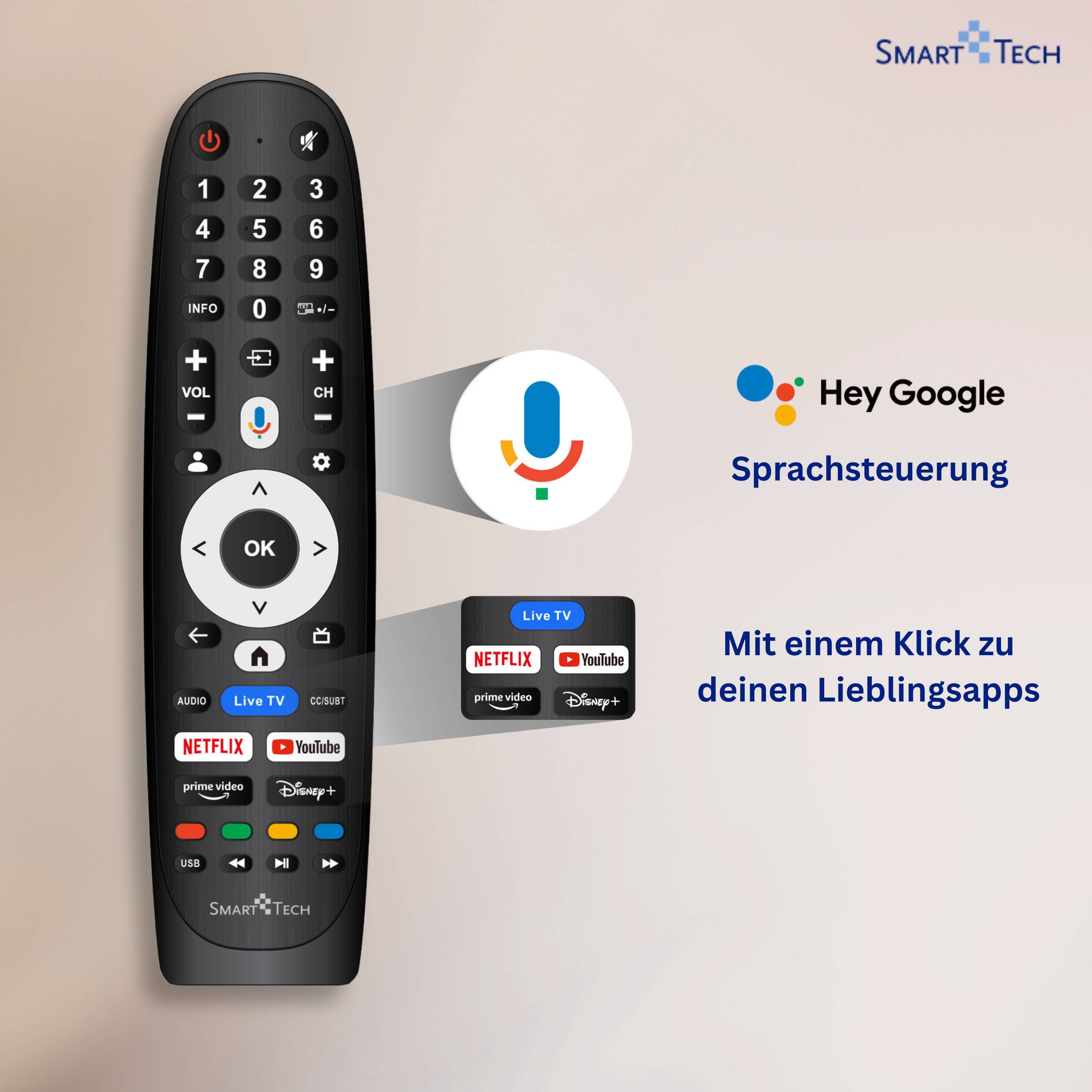 Eine schwarze Fernbedienung mit App-Tasten wie Netflix und YouTube. Der Text lautet: „Hey Google Sprachsteuerung. Mit einem Klick zu deinen Lieblingsapps.