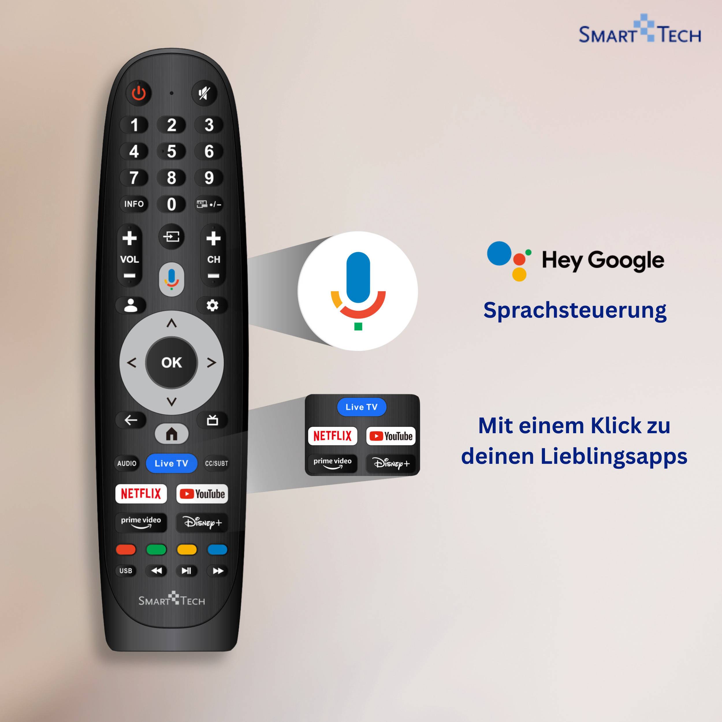 Fernbedienung mit Sprachsteuerungsfunktion hervorgehoben; Schaltflächen umfassen Netflix, YouTube, Disney+. Der Text auf Deutsch weist auf den Ein-Klick-Zugriff auf Apps hin.