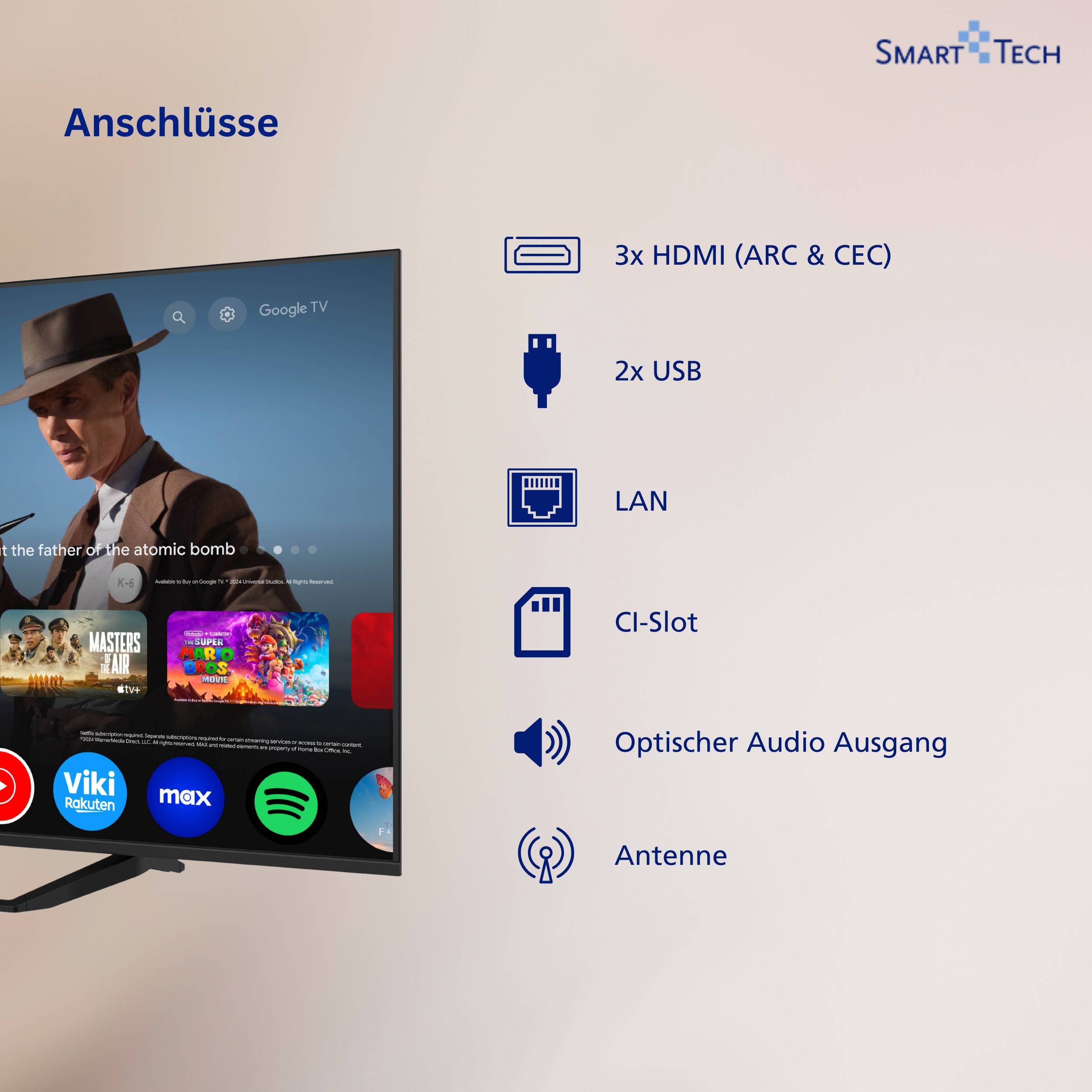 Ein Fernsehbildschirm zeigt Streaming-Apps an; Text zeigt Verbindungen auf: 3 HDMI, 2 USB, LAN, CI-Slot, optisches Audio und Antenne, von ‚Smart Tech'.