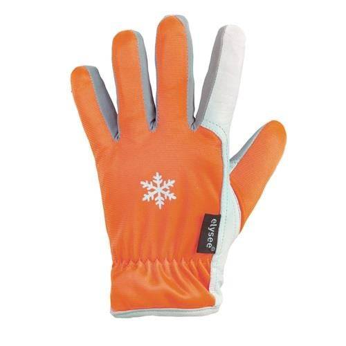 Ein orangefarbener Winterhandschuh mit einem weißen Schneeflocken-Design auf der Rückseite, mit grauem und weißem Details-Design, mit einem 'elysee' Etikett an der Seite.