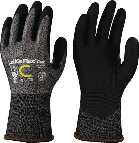 „LeikaFlex Cut C Handschuhe, schwarz mit grauem Stoff, zeigen Zertifizierungen an. Entwickelt zum Schutz, geeignet für Arbeiten, die Handsicherheit erfordern.