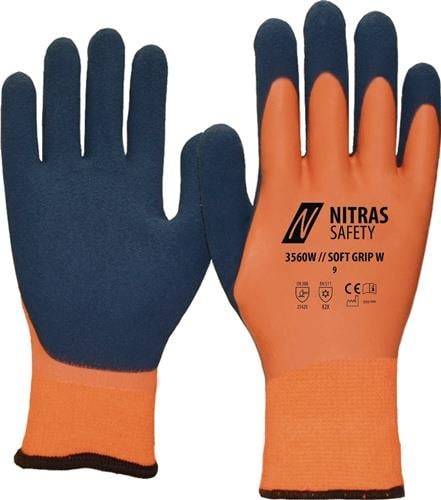 Zwei Arbeitshandschuhe, einer mit der Handfläche nach oben, zeigt Sicherheitssymbole und Größe 9, mit orangenem Außenmaterial und blauem Griff, Marke Nitras Safety.