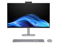 Ein elegantes Desktop-Computer-Setup, das einen hochauflösenden Monitor mit einem wellenförmigen blauen abstrakten Design zeigt, begleitet von einer Tastatur und einer Maus.