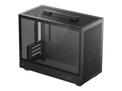 Ein kompaktes schwarzes Computergehäuse mit transparentem Seitenpanel und Mesh-Oberfläche oben, mit einem Griff zum einfachen Transport.