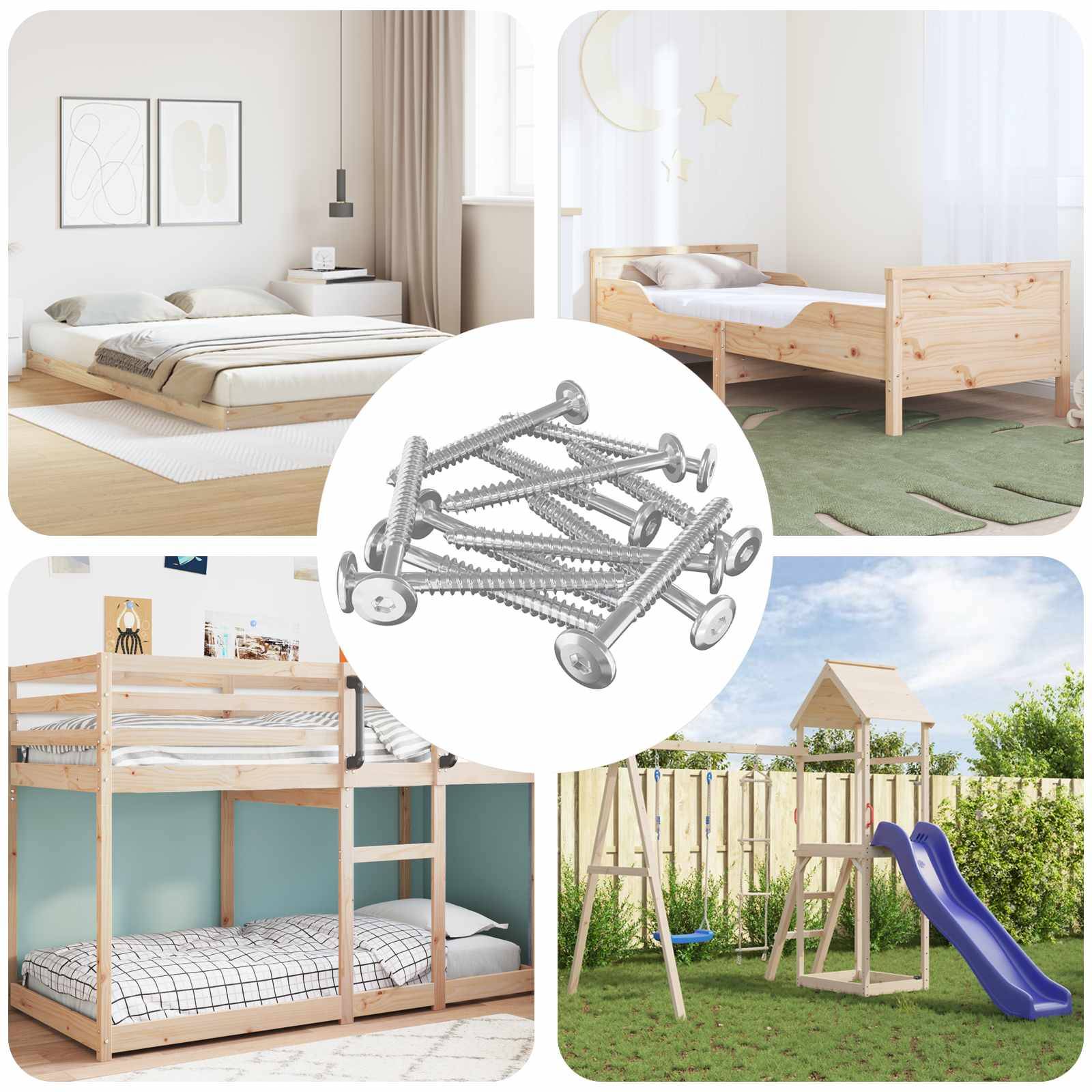 Vier Bilder von Holzmöbeln und Spielplatzdesigns in einem Raster angeordnet: ein minimalistisches Schlafzimmer, ein Kinderzimmer, ein Hochbett und eine Außenschaukel mit Rutsche. Das zentrale Bild zeigt eine Ansammlung von Holzschrauben.