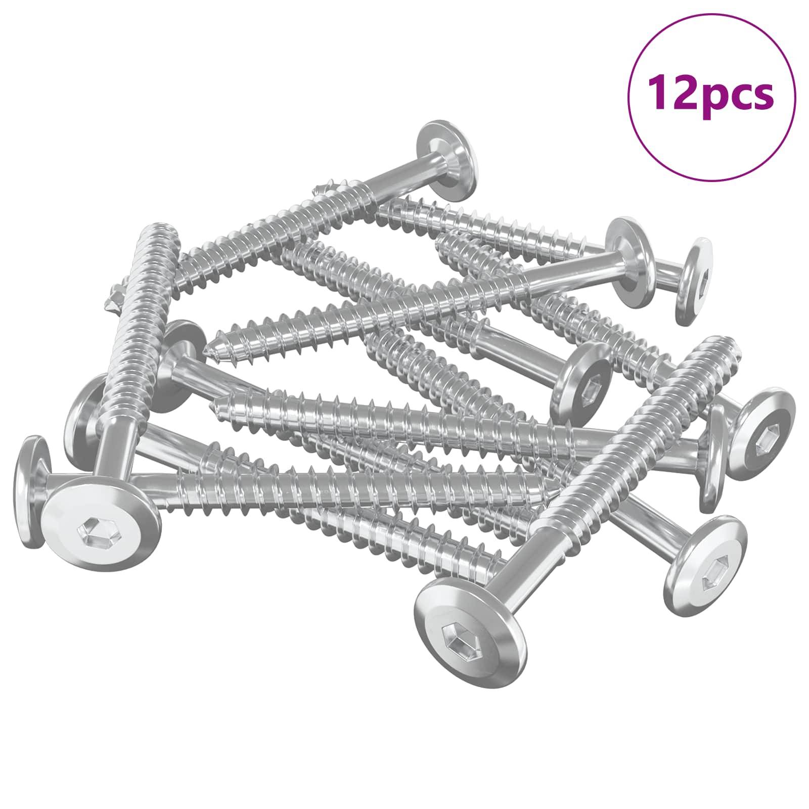 Ein Satz aus 12 Metallschrauben mit flachen Köpfen und Gewinden, in einem Haufen angeordnet, geeignet für Bau- oder DIY-Projekte.