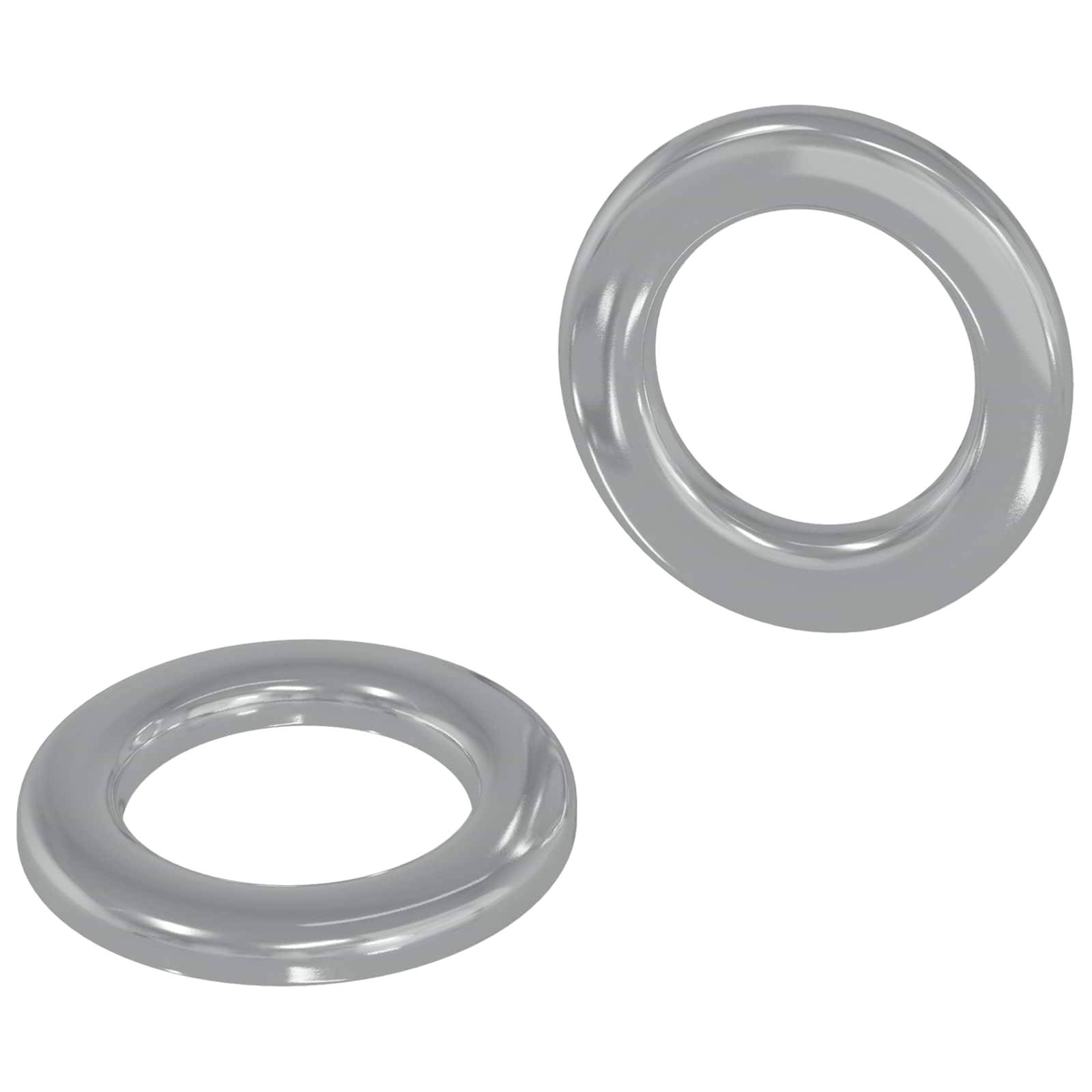 Zwei metallische Ringe, einer über dem anderen angeordnet, werfen beide subtile Schatten auf einen weißen Hintergrund.