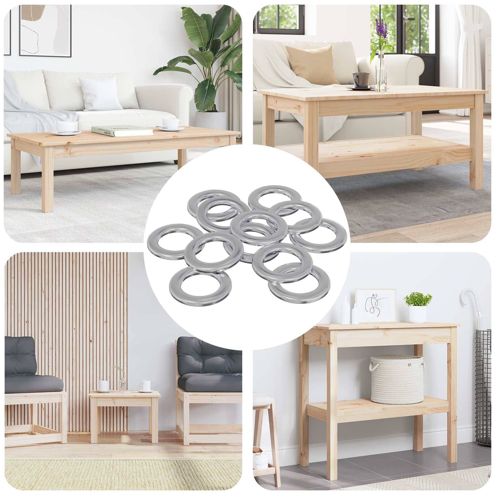 Collage mit einem minimalistischen Holzmöbel-Set bestehend aus einem Couchtisch, Beistelltisch und Konsolentisch in einem modernen, hell beleuchteten Raum.