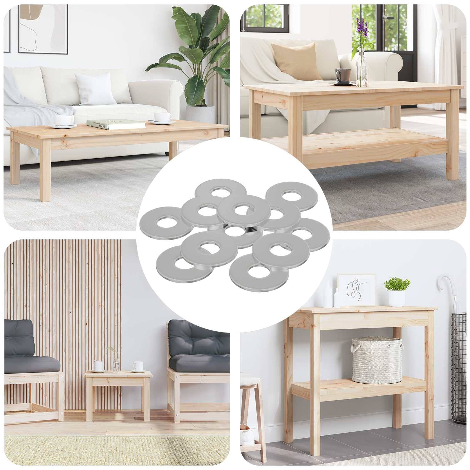 Collage von Wohnzimmermöbeln aus hellem Holz, bestehend aus Sofas, Couchtischen und Beistelltischen; das zentrale Bild zeigt Untersetzer oder Unterlagen.