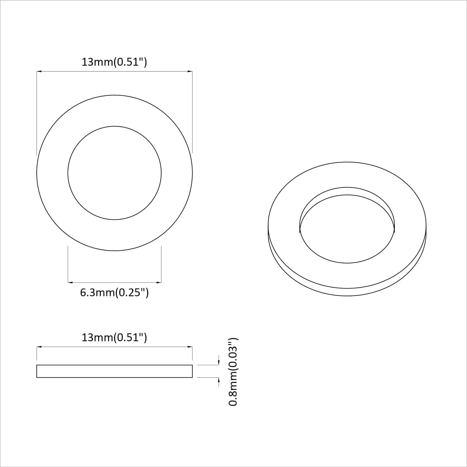 Technische Zeichnung einer Unterlegscheibe mit Abmessungen: Außendurchmesser 13 mm (0,51