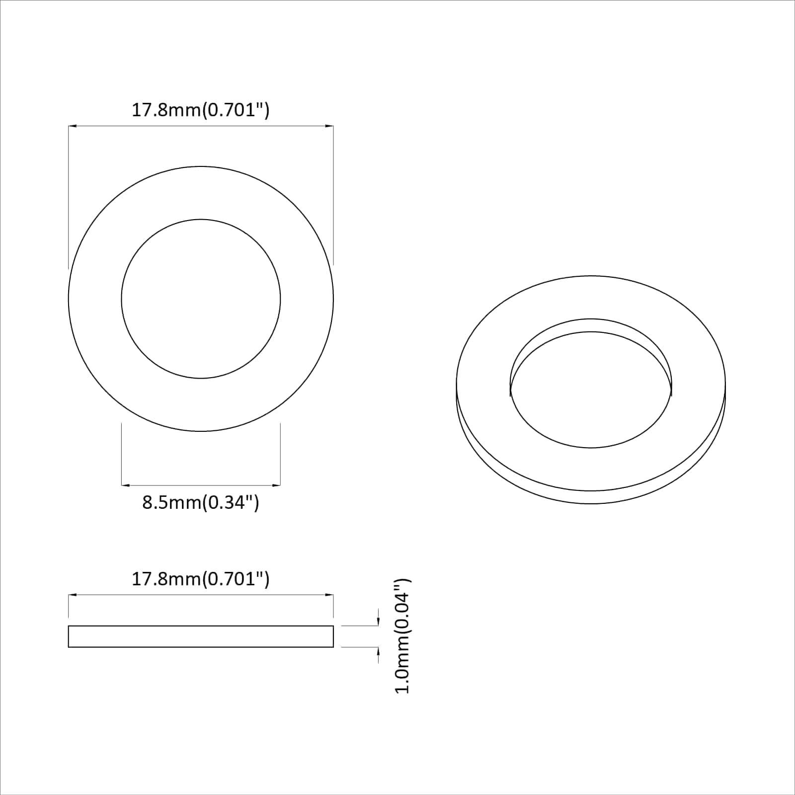 Technische Zeichnung einer runden Unterlegscheibe mit Abmessungen: Außendurchmesser 17,8 mm (0,701
