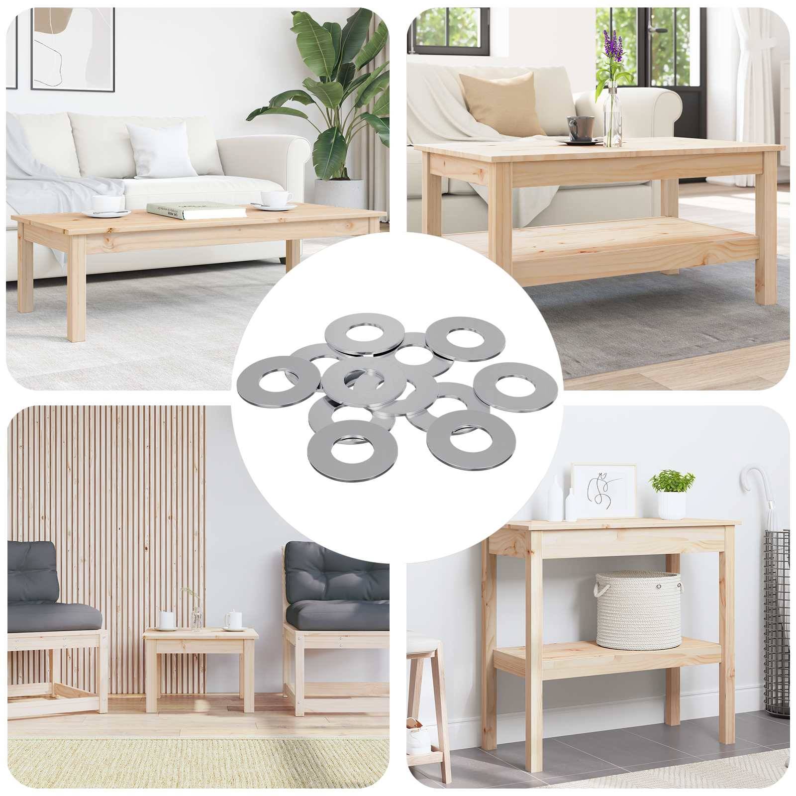 Holzmöbel-Set für das Wohnzimmer mit Couchtisch, Beistelltisch und Konsole. Weißes Sofa abgebildet, mit einer Zimmerpflanze in der Nähe.
