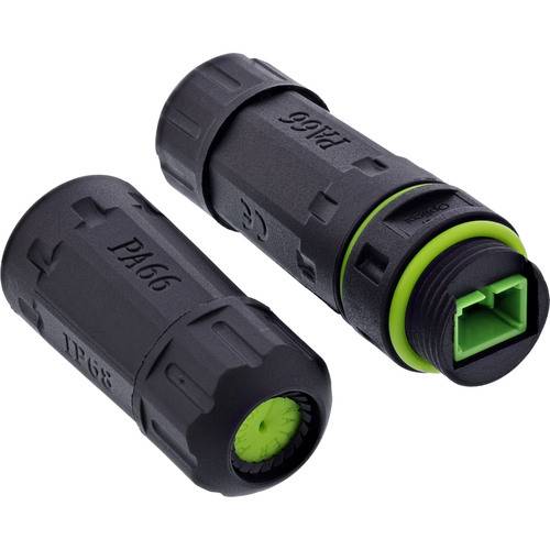 Ein Paar schwarzer zylindrischer Stecker mit grünen Innenseiten, gekennzeichnet mit „PA66