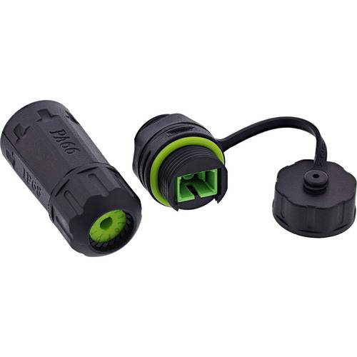 Ein schwarzer zylindrischer Stecker mit grünem Inneren, in zwei Teile unterteilt. Ein Teil hat eine Verschlusskappe mit einem Kabel befestigt.