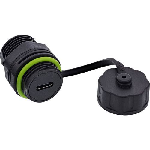 Ein schwarzer gummiartiger wasserdichter USB-C-Anschluss mit grüner Dichtung und angebrachter Schutzkappe mit Gewinde für Schutz und sichere Verschließung.