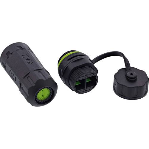 Das Bild zeigt einen wasserdichten Elektrokabelstecker-Satz, bestehend aus einem schwarzen und grünen Stecker und einer Buchse, mit einer Schutzkappe.