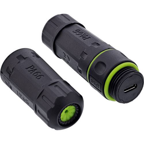 Zwei schwarze Stecker mit grünen Akzenten, gekennzeichnet mit PA166. Ein Stecker wird von oben gezeigt, der andere von der Seite, wobei der Ladeanschluss sichtbar ist.