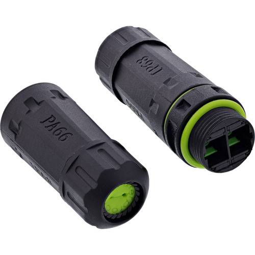 Zwei schwarze Steckverbinder mit grünen Akzenten, gekennzeichnet mit PA66 und IP68, entwickelt für sichere und wetterfeste elektrische Verbindungen.