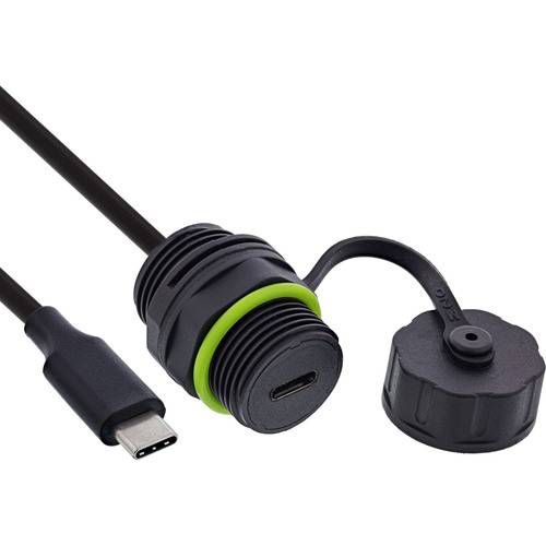 Ein USB-C-Kabel, das an eine wasserdichte, versiegelte Buchse mit aufschraubbarer Kappe angeschlossen ist, entwickelt für zuverlässige Verwendung in unterschiedlichen Umgebungen.