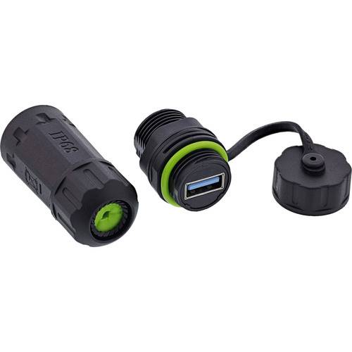 Ein wasserdichter USB-Stecker-Set mit schwarzem und grünem Design. Das Set umfasst eine Kabelabdeckung, einen USB-Anschluss und eine Schutzkappe.