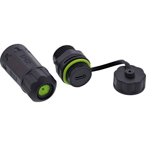 Eine kleine, zylindrische Taschenlampe mit abnehmbarer Endkappe, die einen USB-C-Ladeanschluss freilegt, schwarz mit grünen Akzenten, auf weißem Hintergrund.