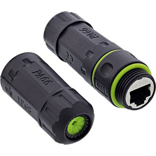 Zwei schwarze Steckverbinder mit grünen Akzenten; einer geöffnet und zeigt einen Ethernet-Anschluss, gekennzeichnet mit „PA66