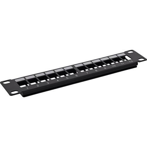 Ein schwarzes 12-Port-Patchfeld mit gleichmäßig verteilten rechteckigen Schlitzen, nummeriert von 1 bis 12, wird zur Organisierung von Netzwerkverbindungen verwendet.