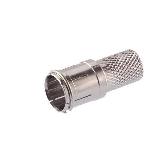 Ein metallischer koaxialer Kabelsteckeradapter mit gerilltem Griffdesign, shown on a white background.
